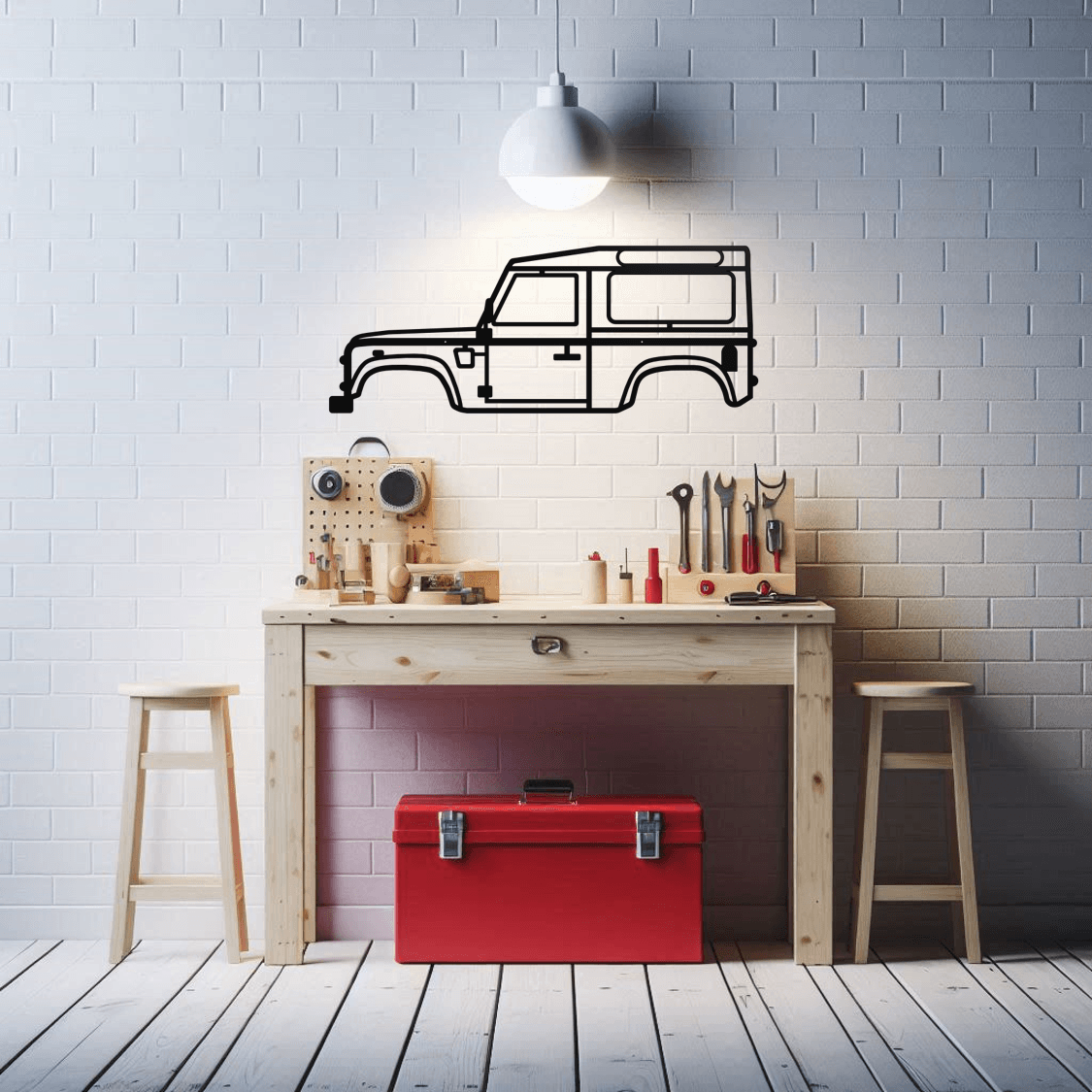 Land Rover Defender 90 Metal Wall Art Garage Scene